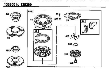 Rewind Starter 1 Diagram and Parts List for 135200-135299 0001-0013 Briggs and Stratton Engine